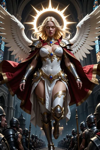A fantasy version of female Homelander as a fallen sun queen and divine tyrant, radiant blonde hair glowing like sunlight, piercing golden eyes filled with arrogance and fury, wearing magnificent white and gold armor with royal and angelic motifs, flowing crimson-lined cape, hovering above kneeling subjects like a wrathful goddess, beautiful but terrifying expression, divine power radiating around her like a miniature sun, dark fantasy cathedral city beneath her, authoritarian holy empire aesthetic, mixture of angel and conqueror, cinematic realism, ultra detailed textures, oppressive heavenly atmosphere