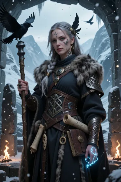 A female norse cleric devoted to an ancient god of wisdom, prophecy, and sacrifice, standing within a torchlit stone temple carved into a frozen mountain.

She has pale skin, long ash-blonde hair braided with raven feathers and bronze rings, and calm grey eyes filled with ancient knowledge. One side of her face bears ritual tattoo markings resembling runes and branching roots.

She wears layered dark wool robes beneath heavy fur-lined ceremonial armor engraved with intricate knotwork and faded runic symbols. Scrolls, carved bone charms, and small leather-bound books hang from her belt.

In one hand she carries a rune-carved staff crowned with black iron ravens. The other hand glows with pale blue magical sigils.

Ancient standing stones and flickering braziers surround her while snow drifts through the ruined temple entrance. Ravens gather silently overhead.

Cinematic nordic fantasy illustration, mystical atmosphere, realistic textures, cold firelight, atmospheric snow, painterly realism, highly detailed