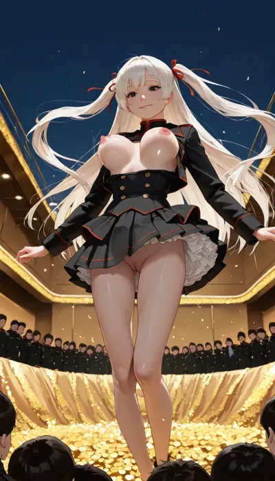 1 girl and military large crowd, cute face with smile, black eyes, pink nipples, (looking her medium breast, bouncing breasts:1.08), (skinny, slim body, slim legs, slim thigh:1.04), slip down red and black military uniform, short jacket, long military-lolita dress skirt, jumping, hopping, (floating, thrust to higher:1.11), volumy hair, twintail, (very long gold straight hair on her thigh with large red ribbon:1.02), (frills skirt, many under skirt, peticoat, white sexy panty, ultra-detailed panty, long pleated skirt, lefted up black skirt by wind:1.11), very strong upwind, staring at me, raise her right hand straight up horizontally, (in warship hanger:1.12), (realistic:1.16), <lora:Rubi-samaXL:1.5>, <lora:ClearKing_XL_v1_AutoRunMech:1.2>, <lora:anime_sdxl_v1:1>