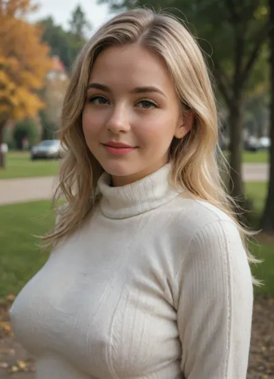 (masterpiece), best quality, expressive eyes, perfect face, blonde hair, brown eyes, (white sweater, turtleneck), standing up, in park, beautiful scenery, slight blush, smiling, cute smile, glossy lips, beautiful eyes, closed mouth, arms_behind_back, ((plump tits)), chubby, curvy, busty, close-up, (sideview)