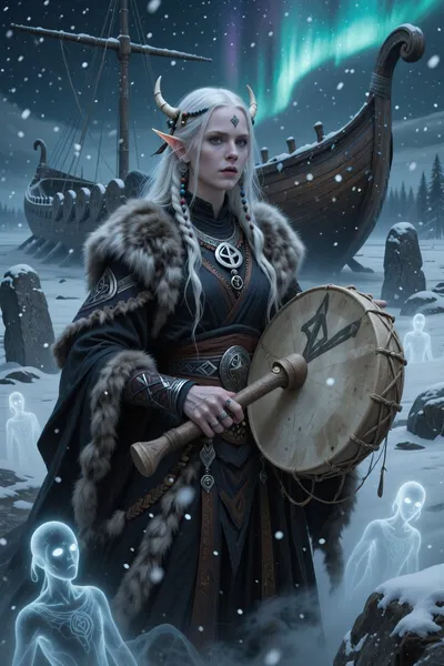 A solemn female spirits bard inspired by norse seiðr magic and funeral rites, performing sacred songs beside an ancient burial ship beneath falling snow.

She has long white-blonde hair woven with beads and bones, pale skin touched by cold, and distant blue-grey eyes that seem to look beyond the living world.

She wears layered dark ceremonial robes, heavy furs, and silver rune jewelry associated with death, prophecy, and spirit magic.

In her hands she holds a ceremonial drum and a carved bone flute while ghostly spectral figures emerge faintly from the icy mist around her.

Ancient burial stones and a half-frozen longship rest behind her beneath aurora-lit skies.

Mystical nordic fantasy illustration, spiritual atmosphere, cinematic snowfall, painterly realism, ancient ritual aesthetic, atmospheric detail