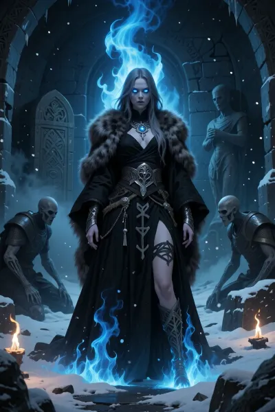 A haunting female warlock who communes with forgotten dead gods buried beneath ancient nordic ruins, standing inside a frozen tomb illuminated by ghostly blue fire.

She has long ash-grey hair, deathly pale skin, and hollow blue eyes glowing faintly in darkness.

She wears layered black ceremonial robes, heavy fur cloaks, silver funeral jewelry, and rune-covered wrappings associated with ancient burial rites.

Ghostly frost gathers unnaturally around her while spectral dead warriors kneel silently in the shadows beyond her.

Ancient stone sarcophagi and broken statues of forgotten gods surround her beneath drifting snow and torch smoke.

Dark nordic fantasy illustration, cinematic blue firelight, atmospheric tomb realism, haunting spiritual atmosphere, painterly textures, highly detailed