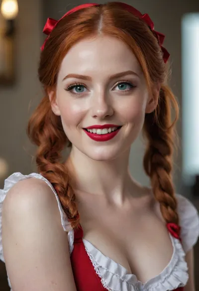 masterpiece, best quality, ultra detailed, photorealistic, 8k raw photo, beautiful 25 year old redhead woman, seductive and elegant face, refined features, subtle laugh lines, seductive eyes, red lipstick, makeup, long red hair in seductive pigtails with red bows, maid look, maid look

sexy skinny tall body, graceful figure, perfect proportions, full body visible, standing pose, detailed skin texture, realistic mature skin, professional photography, soft cinematic lighting, sharp focus, high resolution, ultra-detailed, realistic