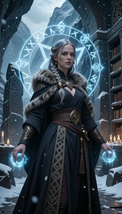 A disciplined female wizard inspired by ancient nordic rune masters, standing within a frozen stone library carved deep into a mountain temple.

She has pale skin, long ash-blonde hair braided with bronze rings, and calm grey-blue eyes filled with ancient knowledge and quiet authority.

She wears layered dark wool robes beneath fur-lined ceremonial cloaks embroidered with glowing protective runes and knotwork patterns.

Floating magical rune circles of pale blue light surround her hands while protective wards shimmer faintly across ancient stone walls behind her.

Massive carved standing stones, candlelit scroll shelves, and drifting snow fill the ancient temple around her.

Cinematic nordic fantasy illustration, mystical atmosphere, realistic textures, cold firelight, atmospheric snow, painterly realism, highly detailed