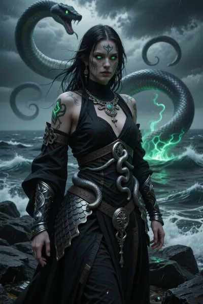 A terrifying female sorcerer touched by the power of an ancient world serpent sleeping beneath the northern seas, standing on black coastal rocks during a violent storm.

She has dark wet hair blowing across pale skin marked with glowing serpent-like rune patterns. Her emerald eyes glow unnaturally in the darkness.

She wears layered black ceremonial robes, scaled armor fragments, and heavy silver jewelry shaped like intertwined serpents and ancient sea symbols.

Massive spectral serpent shapes coil through storm clouds and ocean mist behind her while green magical energy ripples across the crashing waves.

The atmosphere feels ancient, cosmic, and deeply ominous.

Dark nordic fantasy illustration, cinematic storm lighting, eldritch sea atmosphere, realistic textures, mythological horror aesthetic, painterly realism
