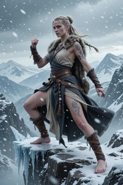 A disciplined female monk inspired by isolated nordic mountain ascetics, standing barefoot atop a frozen cliff during a violent snowstorm.

She has pale skin hardened by cold winds, piercing grey-blue eyes, and long blonde hair tied into practical warrior braids. Her expression is calm, focused, and immovable.

She wears layered linen wraps, dark wool robes, fur-lined shoulder coverings, and leather bindings around her hands and feet. Ancient runic tattoos spiral across her arms and spine.

Snow and ice swirl around her as she stands in a balanced martial stance overlooking endless frozen mountains.

The atmosphere feels harsh, spiritual, and deeply disciplined.

Cinematic nordic fantasy illustration, atmospheric snowfall, realistic textures, cold mountain lighting, mythological realism, painterly detail