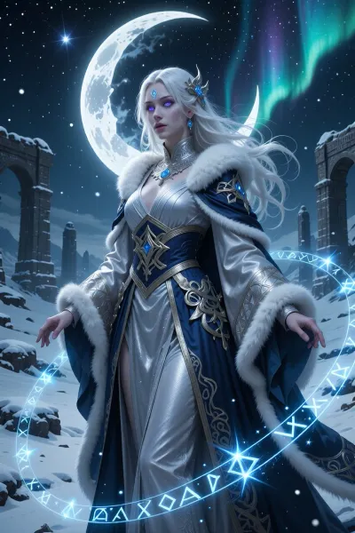 A mysterious female sorcerer touched by ancient moon spirits and frozen cosmic powers, wandering across arctic ruins beneath endless aurora light.

She has impossibly pale skin, long white hair flowing like snow, and luminous blue-violet eyes reflecting distant stars and moons.

She wears elegant layered robes of silver, grey, and deep blue trimmed with white fur and embroidered with celestial nordic symbols.

Cold magical light radiates softly around her while floating runic sigils orbit her body like constellations.

Ancient frozen ruins rise from the snow beneath a vast star-filled northern sky.

Atmospheric nordic fantasy illustration, celestial lighting, cinematic snow landscape, mystical realism, painterly detail, dreamlike composition
