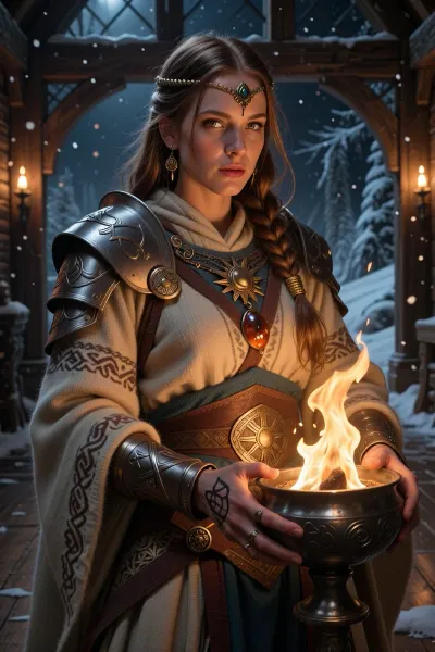 A warm but formidable female cleric inspired by ancient nordic hearth goddesses, standing inside a massive wooden longhall during a winter night.

She has soft auburn hair braided with gold thread, kind amber eyes, and weathered hands marked by ritual burns and sacred symbols.

She wears layered embroidered wool robes beneath light ceremonial armor adorned with sun motifs and protective runes. Warm firelight reflects from polished bronze jewelry and carved amber charms.

In her hands she holds a sacred flame burning from an iron brazier, illuminating the hall with golden divine light.

Outside the hall snowstorms rage across the frozen wilderness, but within there is warmth, safety, and sacred peace.

Warm cinematic nordic fantasy illustration, firelit atmosphere, realistic textures, cozy mythological aesthetic, painterly realism, highly detailed