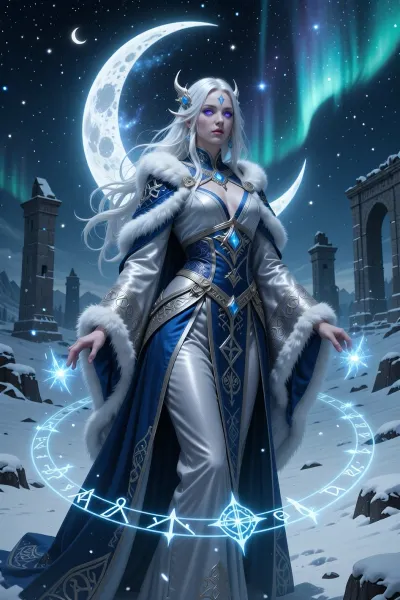 A mysterious female sorcerer touched by ancient moon spirits and frozen cosmic powers, wandering across arctic ruins beneath endless aurora light.

She has impossibly pale skin, long white hair flowing like snow, and luminous blue-violet eyes reflecting distant stars and moons.

She wears elegant layered robes of silver, grey, and deep blue trimmed with white fur and embroidered with celestial nordic symbols.

Cold magical light radiates softly around her while floating runic sigils orbit her body like constellations.

Ancient frozen ruins rise from the snow beneath a vast star-filled northern sky.

Atmospheric nordic fantasy illustration, celestial lighting, cinematic snow landscape, mystical realism, painterly detail, dreamlike composition