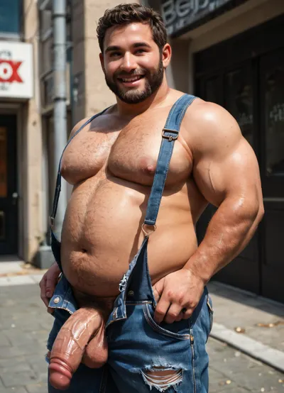 Beefy chubby 25-year-old man, beefy man, brown short hair, brown eyes, brown short beard, fat round nose, hairy body, big pecs, big butt, (big booty:1.5), (chubby body:1.4), big veiny penis, wearing worn torn overalls denim, smiling shy, pose sexy for the camera, hot teasing picture, solo, sexy hot tease, gay chubby man, stands urban street under heavy sun