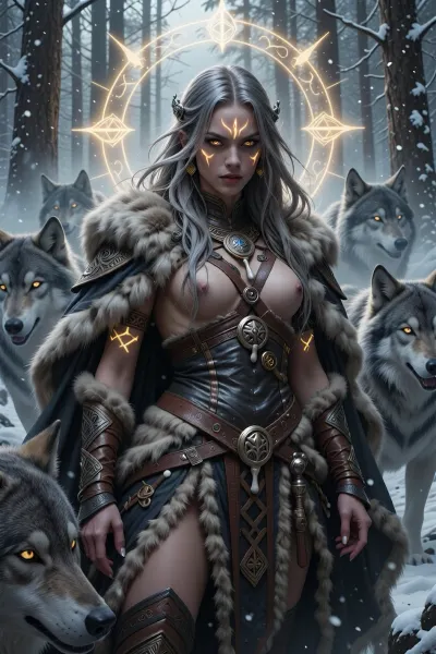 A fierce female warlock bound to a divine wolf spirit from ancient nordic mythology, standing within a snow-covered forest surrounded by spectral wolves.

She has long ash-blonde hair, sharp amber eyes, and pale skin marked with glowing claw-like runes.

She wears layered furs, leather armor, bone charms, and heavy cloaks decorated with wolf pelts and ancient nordic symbols.

Golden spiritual energy radiates around her while enormous spectral wolves emerge through the snow and fog behind her.

The atmosphere feels primal, sacred, and untamed.

Epic nordic fantasy illustration, cinematic snowfall, mystical wilderness atmosphere, realistic fur and leather textures, painterly realism, mythological detail
