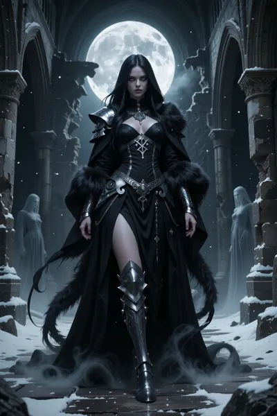 A beautiful but terrifying female warlock serving a mysterious veiled goddess of shadow and winter, standing alone within a ruined northern cathedral lit only by moonlight.

She has flowing black hair, pale skin almost glowing in darkness, and silver eyes filled with predatory calm.

She wears elegant black ceremonial robes layered with silver armor details, flowing veils, dark fur, and intricate rune jewelry.

Shadowy tendrils and cold mist coil around her feet while distant ghostly feminine figures watch silently from the darkness behind ruined pillars.

Moonlight pours through shattered gothic arches onto snow-covered stone floors.

Dark cinematic nordic fantasy illustration, gothic atmosphere, realistic fabrics and metal textures, haunting moonlight, painterly realism, highly detailed