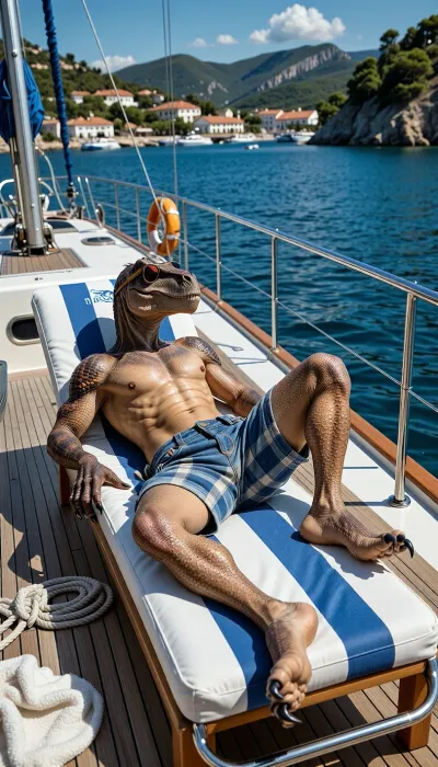 A photorealistic, highly detailed photograph capturing a full-bodied Velociraptor actively sunbathing on the wooden teak deck of a luxury sailing yacht. The raptor, meticulously detailed with mottled, scaly brown and tan skin, is comfortably reclined on its back across a plush, blue and white striped deck chair. It is wearing small, plaid-patterned denim cargo bermuda shorts, (blue and beige check), and a pair of vintage aviator sunglasses perched on its snout. The raptor is spread-eagled on the chair, eyes closed, soaking up the bright midday sun. Its clawed feet are extended towards the stern of the boat. The setting is the pristine, well-maintained wooden deck of a sailing yacht, (the "SEA DRAGON" logo is subtly visible on a cushion), . The yacht itself is anchored in a crystal-clear, deep blue Mediterranean bay with rolling green hills, a picturesque coastal town, (white buildings, terracotta roofs), and rugged cliffs under a vibrant, sun-drenched sky with scattered white clouds. The Velociraptor, (approx. 2 meters long), lies relaxed with its tail resting along the edge of the teak deck and the chrome railing. The background shows the sparkling ocean, other blurred yachts, and the lush coastline. The wooden deck features life rings, rigging, a coiled rope, and a towel. The raptor's scaly texture, the denim bermuda shorts, the metal sunglasses, and the aged teak wood are hyper-realistic. The lighting is harsh, natural daylight. The composition captures the raptor, (sharp focus), the yacht details, (chrome, wood, blue water), and the scenic bay. Shot on a Canon EOS R5, f/11, 1/1600s, ISO 400. The water sparkles, the raptor is centered on the sun lounger, totally relaxed with sun-glistened scales. The background coastline is beautifully blurred, (bokeh), . The image has natural film grain and high resolution.