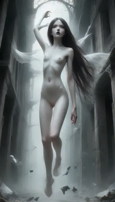 A vast, abandoned baroque palace with towering cracked columns. Peeling frescoes and soot-stained ceilings loom overhead. a lone figure emerging from the shadows. A ghost, elevated half meter over ground, pale woman, white painted skin, unnatural white skin, unnatural black eyes, extremely long black hair, High-contrast chiaroscuro—cold moonlight slashes through broken stained glass, casting sharp shadows that amplify her ethereal presence. Dust motes swirl in the beams., Slight Dutch angle, full-body portrait as she vanishes into deeper shadows., mentixis, metix, ais-ghostly, <lora:mentixis:2>, <lora:Ghostly_Style_SDXL:1.2>