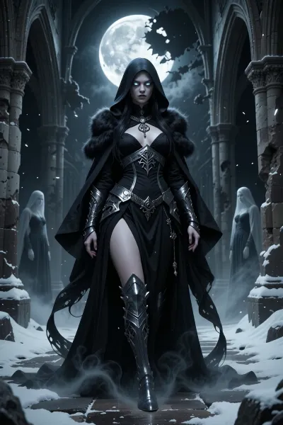 A beautiful but terrifying female warlock serving a mysterious veiled goddess of shadow and winter, standing alone within a ruined northern cathedral lit only by moonlight.

She has flowing black hair, pale skin almost glowing in darkness, and silver eyes filled with predatory calm.

She wears elegant black ceremonial robes layered with silver armor details, flowing veils, dark fur, and intricate rune jewelry.

Shadowy tendrils and cold mist coil around her feet while distant ghostly feminine figures watch silently from the darkness behind ruined pillars.

Moonlight pours through shattered gothic arches onto snow-covered stone floors.

Dark cinematic nordic fantasy illustration, gothic atmosphere, realistic fabrics and metal textures, haunting moonlight, painterly realism, highly detailed