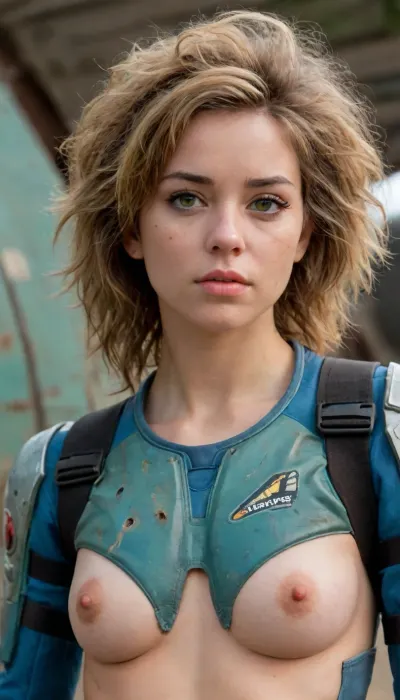 20 years old woman in front of her wrecked spaceship, full body view, her old spacesuite is in tatters and dirty, she stands, body is athletic short and have a sexy chubby look with firm tits, perfect curves, detailed gorgeous face, messy hair, wet body, ((submissive)), ((lovely)), (((wild hair with sidelocks))), (((full body view))), (((high detailed legs))), (((high detailed fingers))), ((very much want have sex)), (love juice:1.4), ((high detailed pores on skin)), well-build body, medium tits, small lips, lots of freckles face and skin, blush on the checks and nose, (raised nasal tip, upturned button nose, upturned nose, delicate nose, nose), hypnotized loving yellow brown eyes, anime style, key visual, intricate detail, highly detailed, breathtaking, vibrant, panoramic, cinematic, Carne Griffiths, Conrad Roset, ghibli, wearing blue uniform, green, eyes, blue, brown, perfecteyes, <lora:PerfectEyesXL:.8>, with, a, army, suit, and, helmet, <lora:StarshipTroopers1024:.8>