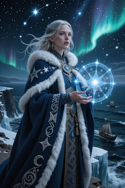 A female stars druid inspired by ancient nordic navigators and sky-watchers, standing atop sea cliffs beneath a sky filled with stars and aurora light.

She has silver-blonde hair flowing in the icy wind, pale freckled skin, and luminous blue eyes reflecting constellations overhead.

She wears elegant layered cloaks of deep blue wool and white fur decorated with silver embroidery representing stars, moons, and ancient celestial runes.

A magical constellation map of glowing light rotates slowly around her hands while spectral starlight forms ancient symbols in the air.

Far below, dark waves crash against frozen cliffs while distant longships sail through icy northern waters.

Cinematic nordic fantasy illustration, celestial atmosphere, aurora lighting, realistic textures, mystical realism, painterly detail, epic composition