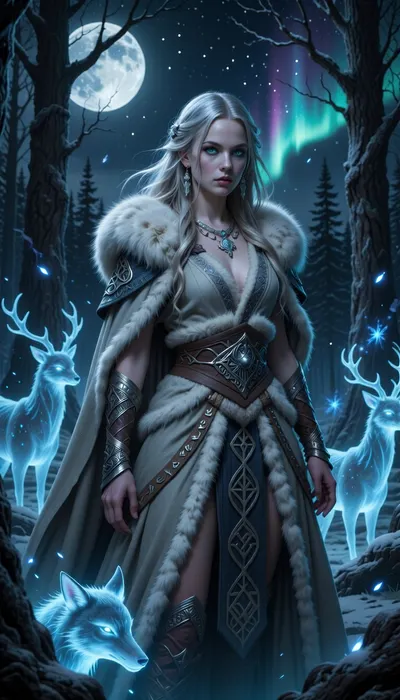 A mysterious female ranger touched by ancient northern spirit realms, standing within a moonlit forest illuminated by shimmering aurora light.

She has flowing silver-blonde hair, luminous pale skin, and glowing blue-green eyes that seem almost supernatural.

She wears elegant layered furs, embroidered wool, silver jewelry, and flowing cloaks decorated with delicate runic knotwork and frost patterns.

Spectral foxes and ghostly elk move silently between frozen trees while magical blue lights drift through the cold night air around her.

The atmosphere feels mystical, ancient, and quietly enchanting.

Atmospheric nordic fantasy illustration, cinematic aurora lighting, mystical forest realism, ethereal atmosphere, painterly textures, highly detailed