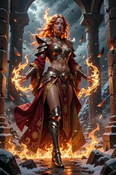 A radiant female sorcerer carrying divine fire from ancient realms of flame, standing within a burning northern temple beneath smoke-filled skies.

She has flowing golden-red hair glowing like embers, luminous amber eyes, and warm bronze-toned skin illuminated by sacred firelight.

She wears elegant nordic ceremonial robes layered with bronze armor and flowing red-and-gold fabrics embroidered with solar and flame motifs.

Divine fire spirals gracefully around her hands while burning feathers drift through the air like phoenix ash.

Ancient stone pillars crack beneath waves of magical heat while snow melts instantly around her feet.

Cinematic nordic fantasy illustration, dramatic firelight, atmospheric smoke and embers, mythological realism, painterly textures, highly detailed