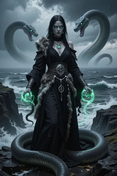 A terrifying female warlock bound to an ancient cosmic serpent sleeping beneath the frozen northern oceans, standing alone upon black coastal cliffs during a violent storm.

She has long dark wet hair, pale frostbitten skin, and glowing emerald eyes filled with unnatural knowledge.

She wears layered black ceremonial robes, sea-weathered furs, silver serpent jewelry, and ancient rune charms associated with forbidden tides and prophecy.

Green eldritch magic coils around her hands while enormous spectral serpent shapes emerge faintly through storm clouds and crashing sea mist.

The ocean behind her feels impossibly deep and ancient, as though something vast watches from beneath the waves.

Dark nordic cosmic fantasy illustration, cinematic storm lighting, eldritch sea atmosphere, realistic textures, painterly realism, mythological horror aesthetic