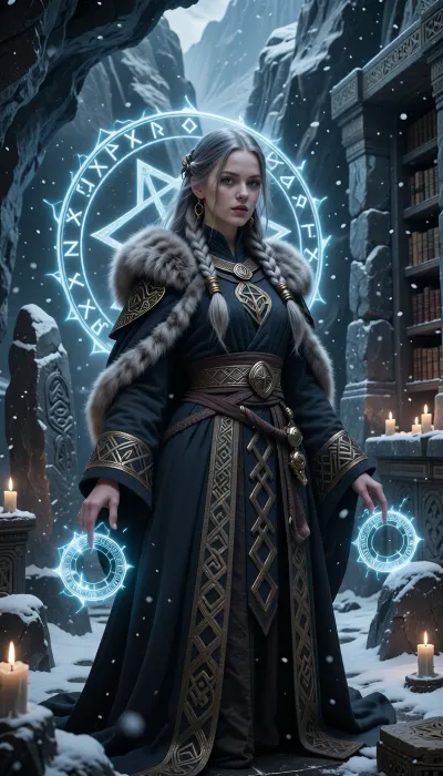 A disciplined female wizard inspired by ancient nordic rune masters, standing within a frozen stone library carved deep into a mountain temple.

She has pale skin, long ash-blonde hair braided with bronze rings, and calm grey-blue eyes filled with ancient knowledge and quiet authority.

She wears layered dark wool robes beneath fur-lined ceremonial cloaks embroidered with glowing protective runes and knotwork patterns.

Floating magical rune circles of pale blue light surround her hands while protective wards shimmer faintly across ancient stone walls behind her.

Massive carved standing stones, candlelit scroll shelves, and drifting snow fill the ancient temple around her.

Cinematic nordic fantasy illustration, mystical atmosphere, realistic textures, cold firelight, atmospheric snow, painterly realism, highly detailed