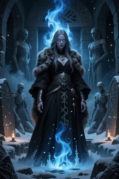 A haunting female warlock who communes with forgotten dead gods buried beneath ancient nordic ruins, standing inside a frozen tomb illuminated by ghostly blue fire.

She has long ash-grey hair, deathly pale skin, and hollow blue eyes glowing faintly in darkness.

She wears layered black ceremonial robes, heavy fur cloaks, silver funeral jewelry, and rune-covered wrappings associated with ancient burial rites.

Ghostly frost gathers unnaturally around her while spectral dead warriors kneel silently in the shadows beyond her.

Ancient stone sarcophagi and broken statues of forgotten gods surround her beneath drifting snow and torch smoke.

Dark nordic fantasy illustration, cinematic blue firelight, atmospheric tomb realism, haunting spiritual atmosphere, painterly textures, highly detailed