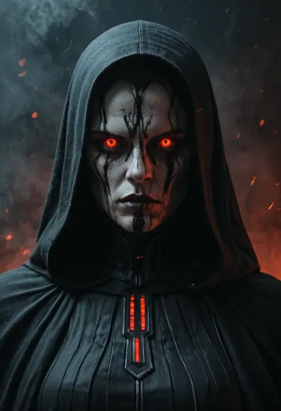 A female Darth Vader-inspired dark lord, towering and imposing, clad in massive black obsidian armor scarred by fire and war, long dark cape flowing behind her, elegant but terrifying silhouette, biomechanical breathing apparatus integrated into the chest and throat, pale scarred face partially hidden beneath a sleek black helmet and mask, glowing crimson eyes behind dark lenses, one side of the face burned and reconstructed with cybernetics, powerful feminine presence without sexualization, tragic fallen warrior queen energy, gothic sci-fi aesthetic, heavy atmospheric smoke, dim red lights, ruined imperial corridor, cinematic lighting, ultra detailed, realistic textures, dark fantasy meets science fiction, intimidating and sorrowful, masterpiece quality