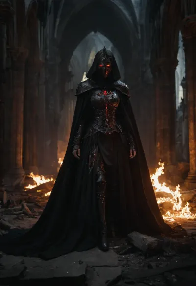 A fallen paladin queen corrupted by shadow magic, clad in blackened plate armor fused to her burned flesh, long ash-black cloak, iron mask with crimson glowing eyes, breathing through cursed mechanical lungs, towering death knight aesthetic, sorrowful and terrifying, gothic cathedral ruins, dark fantasy atmosphere, cinematic realism