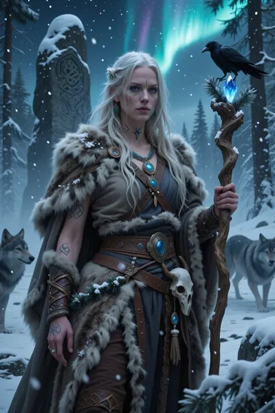 A female nordic druid standing alone within a frozen pine forest beneath the northern lights.

She has long pale blonde hair tangled with frost, calm ice-blue eyes, and weathered skin touched by harsh winters and ancient magic. Small runic tattoos glow faintly across her hands and throat.

She wears layered furs, thick wool, leather belts, and ceremonial bone charms gathered from the wilderness. Snow-covered branches and animal skull talismans hang from her cloak.

In one hand she carries a staff made from twisted pine wood crowned with glowing blue crystals and raven feathers.

Ancient snow-covered standing stones rise behind her while spectral wolves move silently through the forest fog.

Atmospheric nordic fantasy illustration, cinematic snowfall, realistic winter textures, mystical wilderness atmosphere, painterly realism, highly detailed