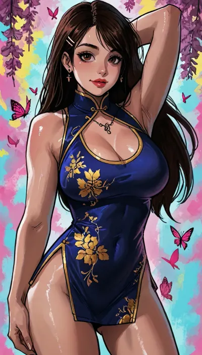 ((Melkor mancin meet markgavatino style)), ((symmetric perfect brown eyes)), look at viewer, purple irisdescent, (background psychedelic abstract calligraphic ink strokes), (Asian ethnicity), muscular small petite, short height, ((princess in an intricate cheongsam with micro skirt hem)), (portrait pose arched body:1.4), ((wet plump ass, huge cleavage breasts)), glowing purple flowers butterflies, (reiq style), Score_9, score_8_up, score_7_up, masterpiece, (1woman, 8k resolution, ultra-detailed), solo, ratatatat74, super thick long hair blowing in the wind, hair clips bangles, bright lipstick, bright eyes, <lora:LCMTurboMix_Euler_A_fix:1.1>, <lora:ratatatat74-000050:1.1>, <lora:EnvyAnimeDigitalPaintingXL01:1.1>, <lora:SDXLSamDoesArts:1.1>, wet thighs, butterflies, necklace choker, subtle small smile, soaking wet lace