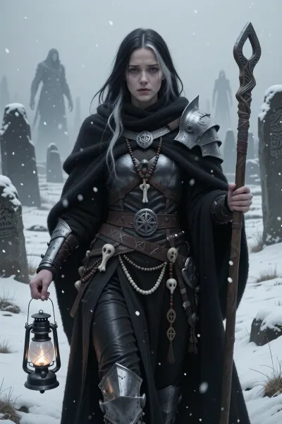 A solemn female grave cleric inspired by norse death rites and ancient burial traditions, walking alone through a snow-covered field of standing stones.

She has long dark hair streaked with silver, pale skin, and tired grey eyes carrying the weight of countless funerals. Her expression is gentle but distant.

She wears heavy black wool robes layered beneath dark leather and tarnished silver ceremonial armor. Bone charms, funeral beads, and carved runes hang from her belt and prayer cords.

In her hands she carries an iron lantern burning with pale ghostly fire and a long ceremonial staff carved with protective runes for the dead.

Snow falls softly across ancient burial mounds while spectral figures drift faintly through the fog behind her.

Dark nordic fantasy illustration, somber atmosphere, muted lighting, cinematic fog, realistic textures, spiritual realism, painterly detail