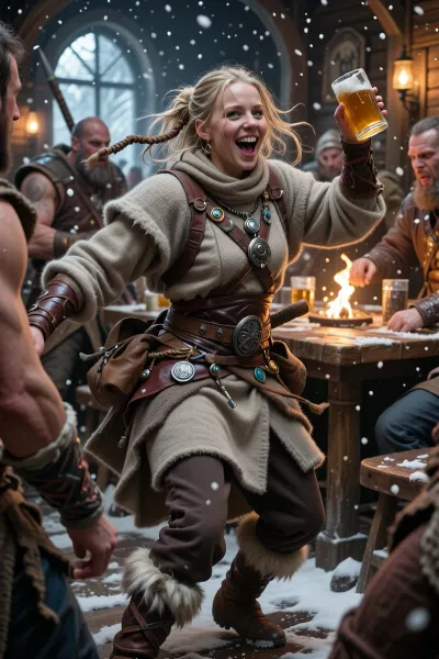 A wandering female monk inspired by wild nordic trickster spirits and traveling skald-warriors, laughing while dancing through a snowy tavern brawl.

She has messy blonde hair tied loosely with leather cords, bright green eyes filled with reckless joy, and flushed cheeks from cold air and strong mead.

She wears practical layered wool, leather travel gear, fur boots, and countless small charms and trophies collected from distant journeys.

Her movements are chaotic but graceful as she weaves effortlessly between larger drunken warriors.

Warm firelight spills across wooden tables while snowstorms rage outside the crowded longhall.

Dynamic nordic fantasy illustration, lively atmosphere, cinematic tavern lighting, realistic clothing textures, mythological realism, painterly detail