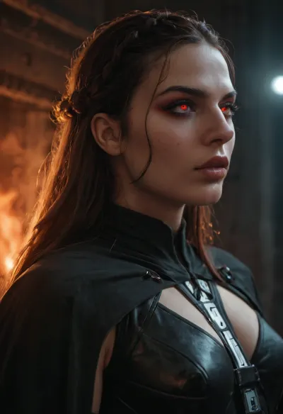 A female Darth Vader-inspired dark lord, towering and imposing, clad in massive black obsidian armor scarred by fire and war, long dark cape flowing behind her, elegant but terrifying silhouette, biomechanical breathing apparatus integrated into the chest and throat, pale scarred face partially hidden beneath a sleek black helmet and mask, glowing crimson eyes behind dark lenses, one side of the face burned and reconstructed with cybernetics, powerful feminine presence without sexualization, tragic fallen warrior queen energy, gothic sci-fi aesthetic, heavy atmospheric smoke, dim red lights, ruined imperial corridor, cinematic lighting, ultra detailed, realistic textures, dark fantasy meets science fiction, intimidating and sorrowful, masterpiece quality