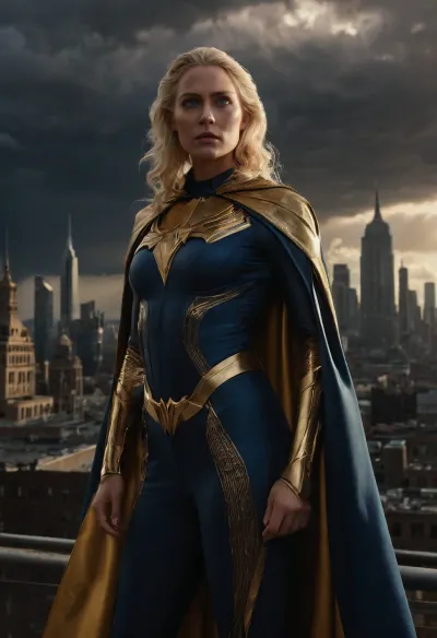 A female Homelander-inspired superhuman tyrant, impossibly confident and terrifying, blonde hair perfectly styled, piercing blue eyes glowing with restrained power, wearing a dark patriotic superhero suit with gold accents and a flowing cape, beautiful but emotionally empty expression, standing like a living goddess above humanity, subtle narcissistic smile, immense superhuman presence, authoritarian celebrity aesthetic, cinematic city skyline in the background, storm clouds and sunlight breaking around her, realistic textures, intimidating body language, tragic corruption of the ideal hero archetype, ultra detailed, realistic cinematic style, oppressive atmosphere