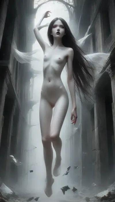 A vast, abandoned baroque palace with towering cracked columns. Peeling frescoes and soot-stained ceilings loom overhead. a lone figure emerging from the shadows. A ghost, elevated half meter over ground, pale woman, white painted skin, unnatural white skin, unnatural black eyes, extremely long black hair, High-contrast chiaroscuro—cold moonlight slashes through broken stained glass, casting sharp shadows that amplify her ethereal presence. Dust motes swirl in the beams., Slight Dutch angle, full-body portrait as she vanishes into deeper shadows., mentixis, metix, ais-ghostly, <lora:mentixis:2>, <lora:Ghostly_Style_SDXL:1.2>