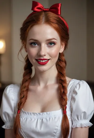 masterpiece, best quality, ultra detailed, photorealistic, 8k raw photo, beautiful 25 year old redhead woman, seductive and elegant face, refined features, subtle laugh lines, seductive eyes, red lipstick, makeup, long red hair in seductive pigtails with red bows, maid look, maid look

sexy skinny tall body, graceful figure, perfect proportions, full body visible, standing pose, detailed skin texture, realistic mature skin, professional photography, soft cinematic lighting, sharp focus, high resolution, ultra-detailed, realistic