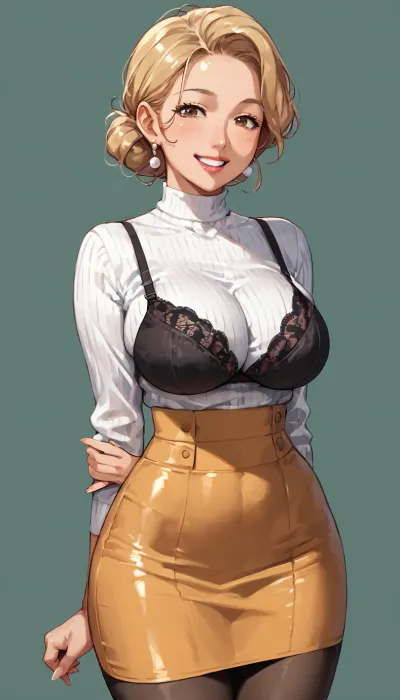 Mature woman, manga style, blonde hair, brown eyes, smiling, half-length, slightly lateral view, ((large breasts:1.3)), narrow hourglass waist and wide hips, full body, wearing Black bra, ((short tight skirt whit sheer tights))