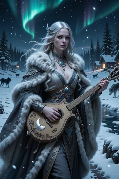 A mysterious female bard wandering across frozen northern roads beneath the aurora, carrying beauty and enchantment into isolated villages and forgotten halls.

She has flowing silver-blonde hair, luminous pale skin, and mesmerizing blue-green eyes that seem almost supernatural in the cold northern darkness.

She wears elegant layered furs, embroidered wool, silver jewelry, and flowing cloaks that move gracefully in the icy wind. Frost gathers along the edges of her clothing without melting.

She carries a delicate nordic string instrument carved with moonlit runes and ancient symbols of fate and beauty.

The snow-covered landscape around her glows softly beneath the northern lights while distant wolves howl across frozen forests.

Atmospheric nordic fantasy illustration, ethereal lighting, cinematic winter landscape, elegant mythological realism, painterly detail, magical atmosphere