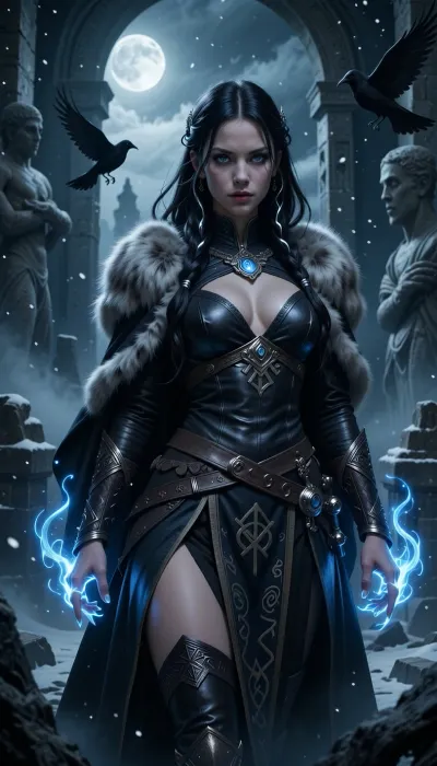 A mysterious female rogue using forbidden nordic rune magic, standing within ancient frozen ruins illuminated by ghostly blue fire.

She has pale skin, long black hair woven with silver thread, and glowing grey-blue eyes filled with intelligence and dangerous curiosity.

She wears elegant dark leather armor layered beneath fur-lined cloaks and embroidered ceremonial cloth covered in subtle runic symbols.

Magical blue runes float around her hands while spectral lock mechanisms and illusionary ravens shimmer in the air nearby.

Broken statues and ancient stone arches disappear into drifting snow and fog behind her.

Dark cinematic nordic fantasy illustration, mystical moonlit atmosphere, realistic textures, arcane stealth aesthetic, painterly realism, highly detailed