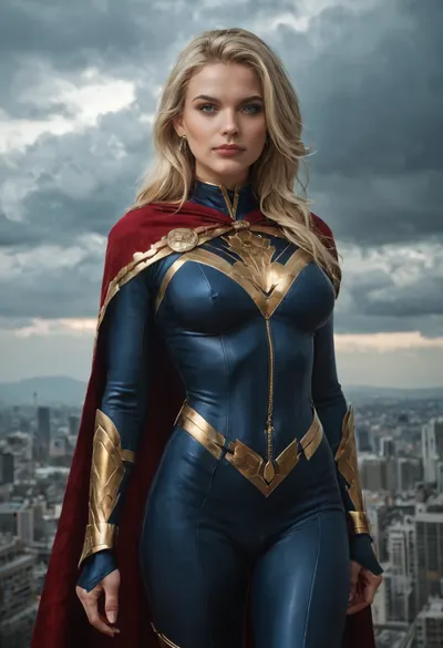 A female Homelander-inspired superhuman tyrant, impossibly confident and terrifying, blonde hair perfectly styled, piercing blue eyes glowing with restrained power, wearing a dark patriotic superhero suit with gold accents and a flowing cape, beautiful but emotionally empty expression, standing like a living goddess above humanity, subtle narcissistic smile, immense superhuman presence, authoritarian celebrity aesthetic, cinematic city skyline in the background, storm clouds and sunlight breaking around her, realistic textures, intimidating body language, tragic corruption of the ideal hero archetype, ultra detailed, realistic cinematic style, oppressive atmosphere