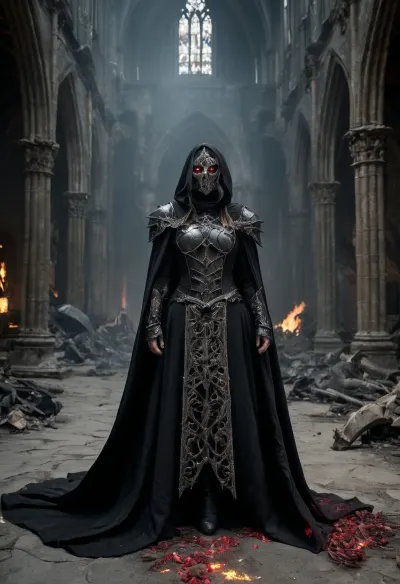 A fallen paladin queen corrupted by shadow magic, clad in blackened plate armor fused to her burned flesh, long ash-black cloak, iron mask with crimson glowing eyes, breathing through cursed mechanical lungs, towering death knight aesthetic, sorrowful and terrifying, gothic cathedral ruins, dark fantasy atmosphere, cinematic realism
