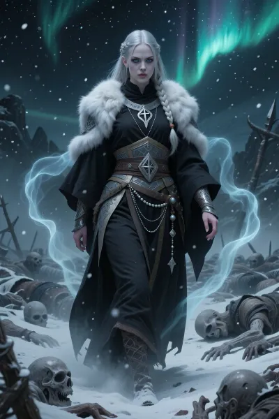 A terrifying female monk inspired by Valkyries and death rites, walking silently across a battlefield filled with frozen corpses beneath the northern lights.

She has pale skin, long silver-blonde hair braided tightly behind her head, and cold emotionless blue-grey eyes. Her expression carries absolute calm in the presence of death.

She wears dark ceremonial robes layered with light nordic armor and white fur. Thin silver chains, rune charms, and funeral beads hang from her belt.

Ghostly spirits drift faintly around her as she moves through snow and fog without leaving footprints.

The atmosphere feels sacred, eerie, and deeply supernatural.

Dark nordic fantasy illustration, cinematic aurora lighting, atmospheric snowfall, spiritual realism, painterly textures, haunting composition