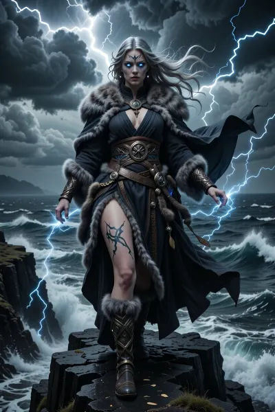 A powerful female sorcerer born beneath an eternal northern storm, standing atop black sea cliffs as lightning tears across the sky around her.

She has long silver-blonde hair whipping violently through the wind, glowing storm-blue eyes, and pale skin marked with crackling rune-like lightning scars.

She wears layered dark wool, heavy furs, and flowing ceremonial robes reinforced with bronze and iron nordic ornamentation. Her cloak moves like storm clouds behind her.

Raw lightning spirals around her hands while thunderclouds churn overhead and massive waves crash against jagged cliffs below.

The atmosphere feels divine, catastrophic, and untamed — a mortal vessel for the fury of ancient storm gods.

Epic nordic fantasy illustration, cinematic storm lighting, realistic weather effects, dramatic atmosphere, mythological realism, painterly detail, high detail