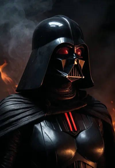 A female Darth Vader-inspired dark lord, towering and imposing, clad in massive black obsidian armor scarred by fire and war, long dark cape flowing behind her, elegant but terrifying silhouette, biomechanical breathing apparatus integrated into the chest and throat, pale scarred face partially hidden beneath a sleek black helmet and mask, glowing crimson eyes behind dark lenses, one side of the face burned and reconstructed with cybernetics, powerful feminine presence without sexualization, tragic fallen warrior queen energy, gothic sci-fi aesthetic, heavy atmospheric smoke, dim red lights, ruined imperial corridor, cinematic lighting, ultra detailed, realistic textures, dark fantasy meets science fiction, intimidating and sorrowful, masterpiece quality