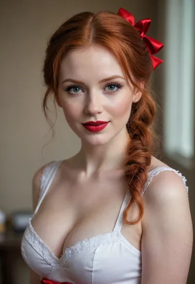 masterpiece, best quality, ultra detailed, photorealistic, 8k raw photo, beautiful 25 year old redhead woman, seductive and elegant face, refined features, subtle laugh lines, seductive eyes, red lipstick, makeup, long red hair in seductive pigtails with red bows, maid look, sexy tall body, graceful figure, perfect proportions, big breasts, full body visible, standing pose, detailed skin texture, realistic mature skin, professional photography, soft cinematic lighting, sharp focus, high resolution, ultra-detailed, realistic