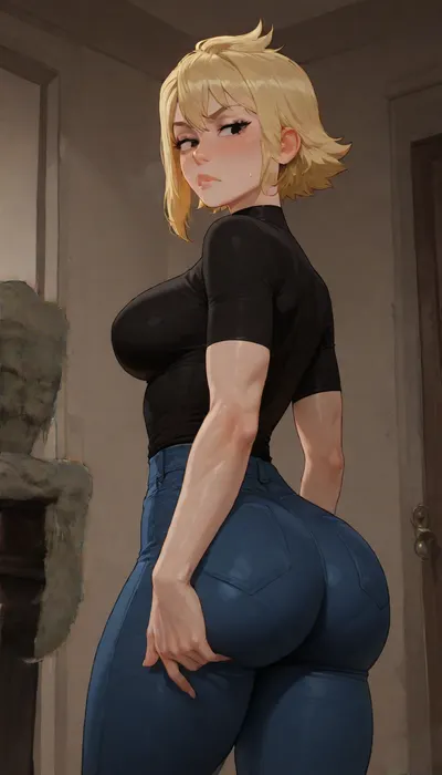 BNHA, (MHA), Hero Prodigy gets a Femboy System, 1femboy, Nao Ichijo, Feminine face, Feminine shoulders, Petite arms, Slender legs, Round ass, wearing black shirt with blue jeans, His blonde hair so pale it shimmered near silver and his face both sharp and delicate with Black eyes gleamed beneath furrowed brows and His slender frame petite, with just a hint of muscle—strained against the black shirt and slacks clinging to his sweat-damp skin. Looks at himself in the mirror after activating his new quark, Activating World Class Appearance Boost, incase style, (Cartoony), incase, style, <lora:bimboxl_02:.5>, <lora:Incase_Style__SDXL:.4>