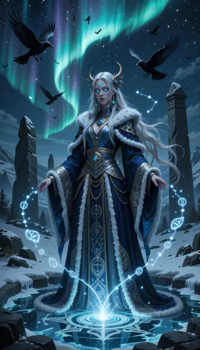 A mysterious female wizard inspired by ancient nordic seers and fate-weavers, standing beneath the northern lights beside a frozen ritual pool.

She has long silver-white hair woven with beads and raven feathers, pale luminous skin, and glowing blue-grey eyes that seem to see beyond time itself.

She wears layered ceremonial robes of dark blue and silver trimmed with white fur and embroidered celestial runes.

Floating fragments of glowing prophecy symbols and constellation patterns drift around her while ravens circle silently overhead.

Ancient standing stones rise from snow-covered landscapes beneath shimmering aurora skies.

Atmospheric nordic fantasy illustration, cinematic aurora lighting, mystical realism, painterly textures, ancient prophecy aesthetic, highly detailed