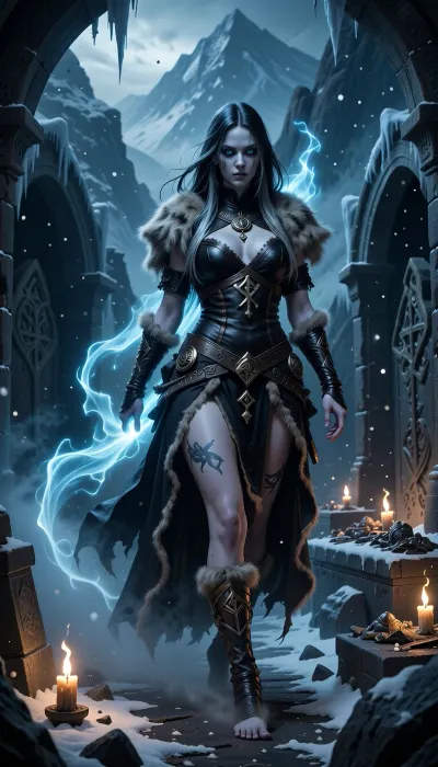 A haunting female rogue wandering ancient burial crypts beneath frozen mountains, guided by whispers from the dead.

She has pale frostbitten skin, long silver-black hair, and hollow blue-grey eyes touched by death and ancient spirits.

She wears dark leather armor layered with worn furs and funeral cloth decorated with old rune symbols and grave charms.

Ghostly spectral energy trails behind her movements while ancient burial treasures glimmer faintly in the darkness around her.

Frozen tombs, broken sarcophagi, and flickering torchlight surround her beneath drifting snow and cold mist.

Dark nordic fantasy illustration, cinematic blue firelight, atmospheric tomb realism, haunted spiritual atmosphere, painterly detail
