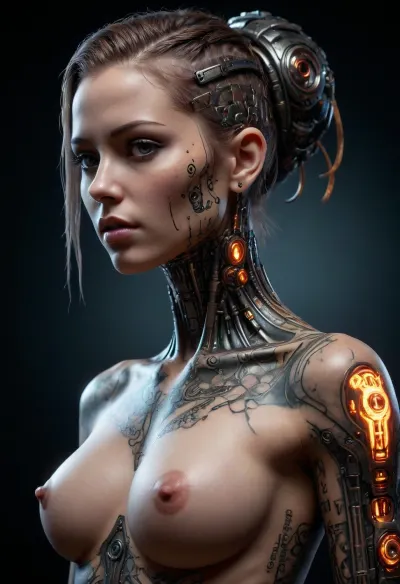 Cyberpunk tattoo slut, nude female, hyperrealistic, black background, HD, height quality, B34ut1ful, 4ndr01d, cyborg, metal, gears, circuits, glowing, <lora:Beautiful_Android:.8>, Roboticizer, <lora:Roboticizer:.8>