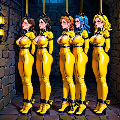 One captured and bound superheroine wearing yellow latex, is sexually used by three angry female androids wearing black. full body side view. dungeon laboratory. lezdom. lesbian domination. Lesbian bdsm. 4 women. lesbian bondage.
